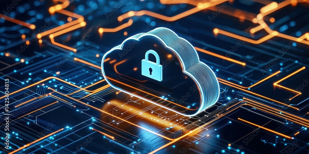 Poster digital cloud with a padlock symbol representing secure data storage.
