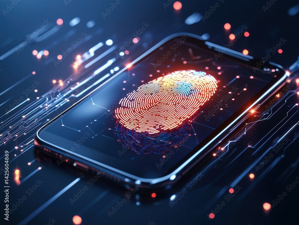 Poster close-up of smartphone displaying a colorful biometric fingerprint scan.
