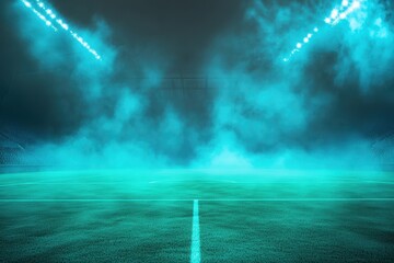 Empty stadium arena lit with vibrant teal spotlights and smoke