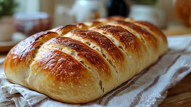 Freshly baked bread emerges from the oven, showcasing a golden crust and soft interior. The cozy kitchen ambiance adds charm to this baking experience.