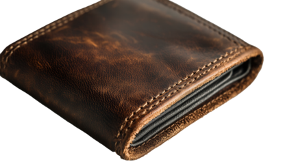 Dark brown leather wallet with minimalistic design showcased against white backdrop for stylish accessory presentation