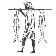 vector illustration of a fisherman carrying the fish he caught