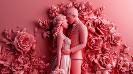 Romantic 3D Render: Embossed Rose Couple Wedding Portrait