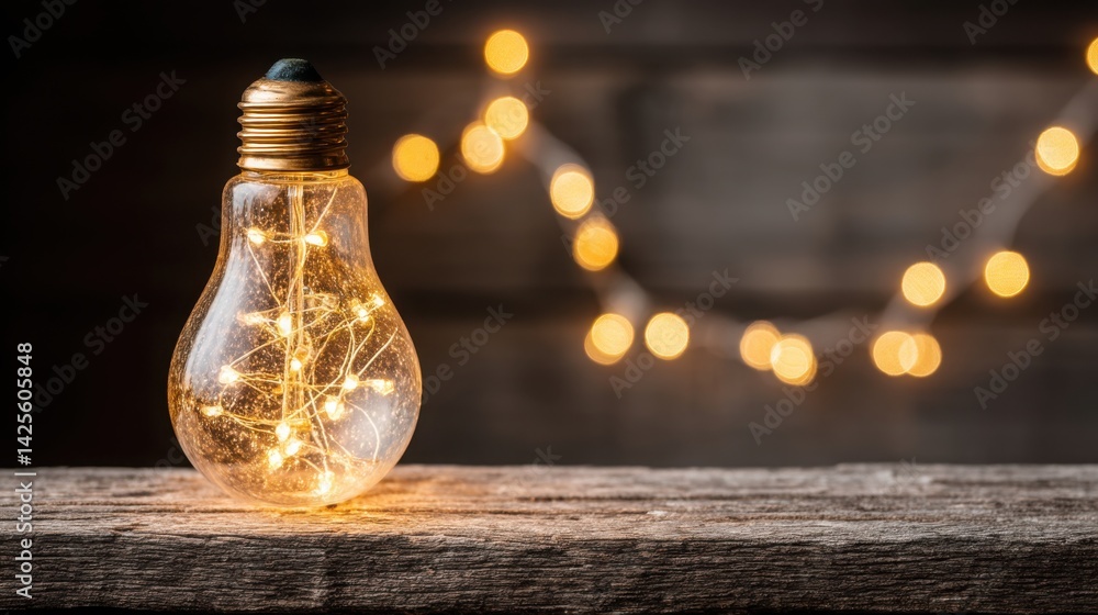 Poster a light bulb surrounded by a string of lights in the background symbolizing invention and innovation