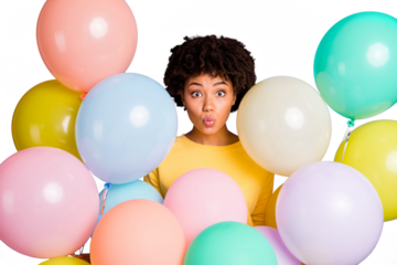 Close-up portrait of her she nice attractive lovely lovable girlish funky funny cheerful wavy-haired girl sending kiss among air balls isolated over violet purple lilac pastel color background