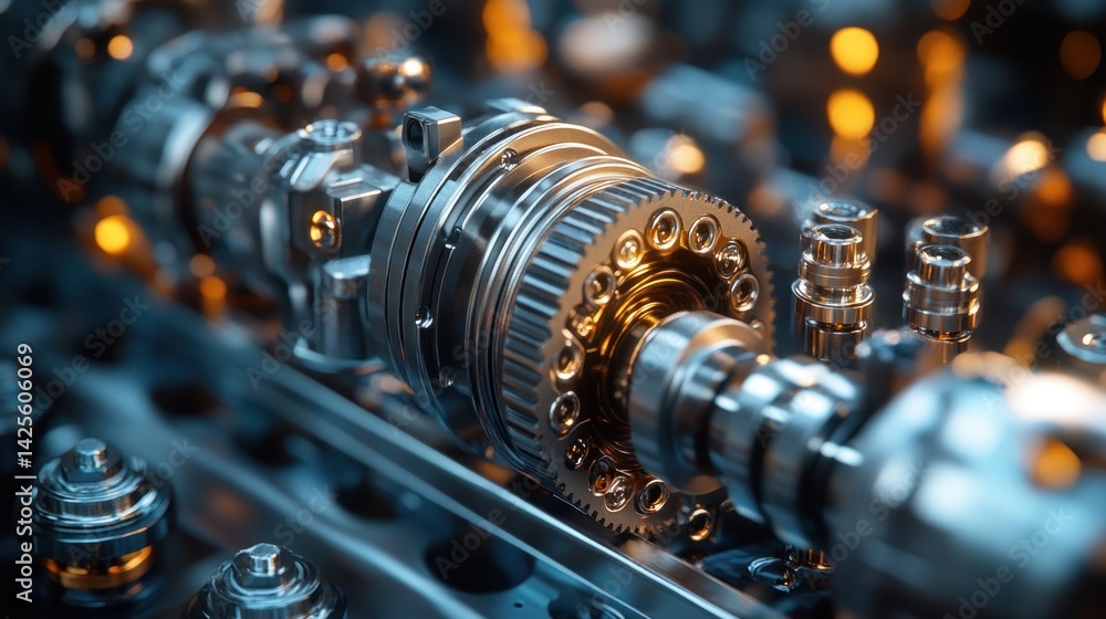Poster close-up view of intricate metallic engine components, showcasing precision engineering and industri