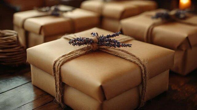Explore creative gift wrapping techniques using simple brown paper and twine, highlighted by sprigs of lavender for a rustic and elegant look. Perfect for any occasion.