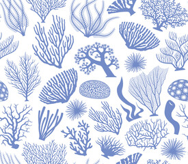 Cotton fabric Sea corals, sponges and seaweed seamless blue color pattern. Full Vector Marine life background, ocean bottom species, aquarium and plants, textile decoration