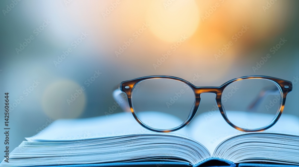 Poster glasses on open book with soft focus background and bokeh effects