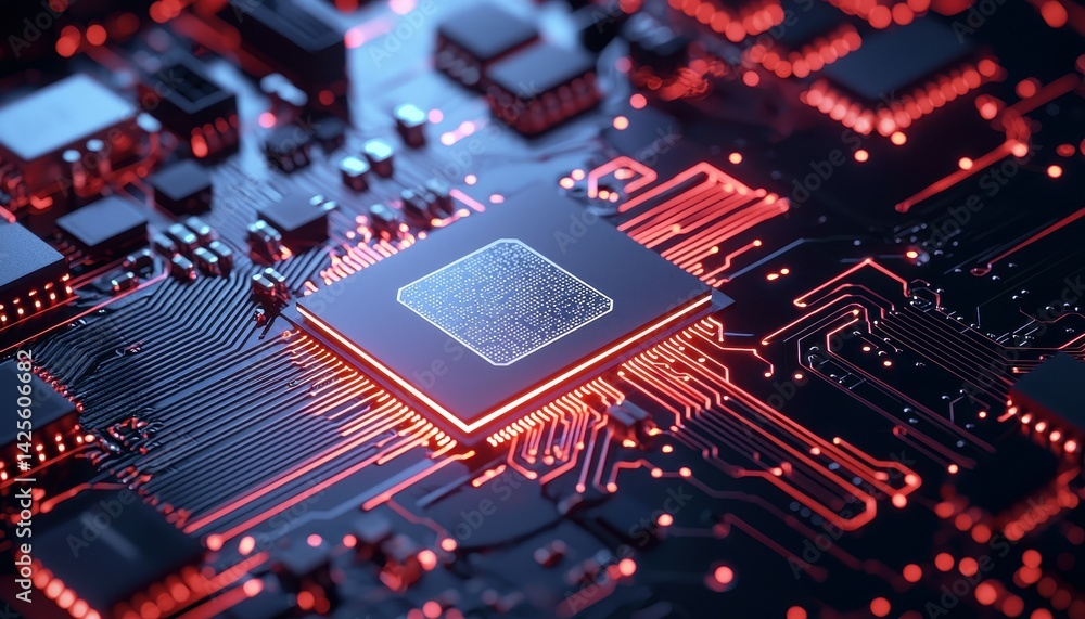 Poster detailed close-up of a glowing computer microchip on an intricate circuit board.