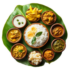Happy Onam, an Indian festival, Kerala Onam - Sadya served on banana leaves isolated on a transparent background. Onam Vishu Pongal Diwali festival vegetarian food Kerala Tamil Nadu South India. PNG