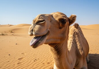 A camel's portrait, showcasing its unique features, set against the backdrop of a sandy desert, captures the essence of a desert landscape. 