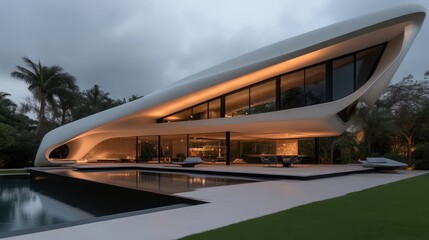 Modern, minimalist, curved home with pool.  Evening view showcasing sleek design and outdoor living space