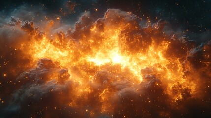 Galactic Core Explosion: Intense Light Eruption Amidst Nebulous Clouds in Deep Space