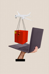 Composite artwork photo collage template sketch of hand hold laptop remote flight rope hold carry...