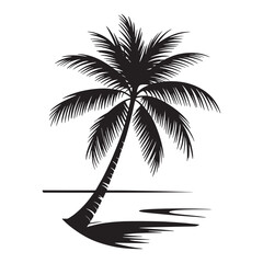 Tropical Palm Tree Silhouette by the Shoreline Minimalist Black and White Vector