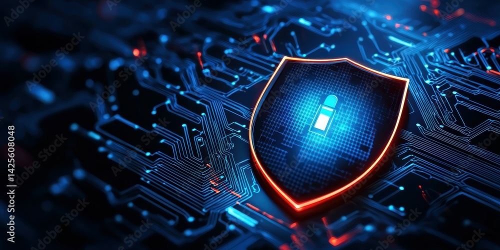 Poster digital security shield symbolizing data protection and cybersecurity.