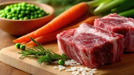 Panorama of fresh pet food with raw beef ingredients concept. Fresh ingredients including meat, carrots, and green peas on board.