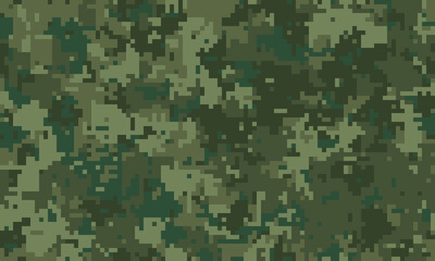 Digital camouflage pattern.  Versatile, pixelated design in shades of green. Ideal for backgrounds, textures, or militarythemed projects. Represents concealment, strategy, and natures blending.
