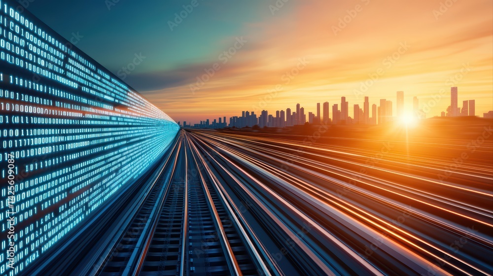 Poster digital transformation concept with city skyline and data stream