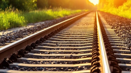 Fototapeta premium Railway Tracks Leading Into a Sunset with Lush Green Surroundings