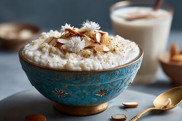 A bowl of creamy rice pudding (kheer) topped with slivered almonds and a pinch of cardamom, perfect for a sweet Eid dessert, served with a cold glass of sweet lassi