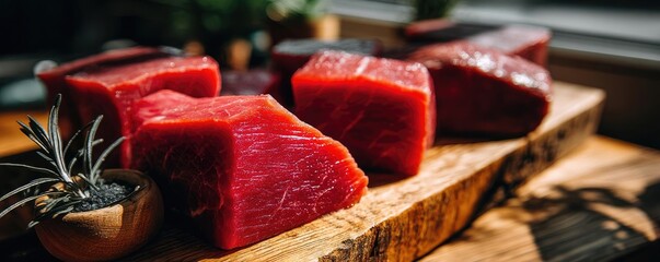 Panorama of fresh pet food with raw beef ingredients concept. Fresh cuts of red tuna on a wooden board ready for cooking.