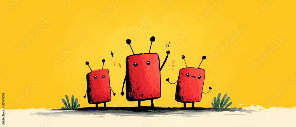 Poster cute red robots ai chatbot error warning problem solving troubleshooting