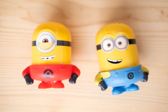 Minion figurines, popular cartoon fun toys, childhood entertainment, yellow creatures, playful objects, Frankfurt - January, 19, 2025