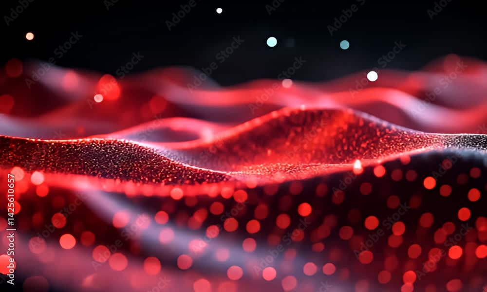 Canvas Prints wavy glowing red particles in depth of field, dark background with white bokeh