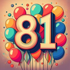 Obraz premium Number 81 with balloons. Retro style illustration for eighty-first birthday or anniversary