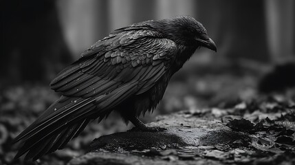 Naklejka premium Raven perched on rock, forest backdrop