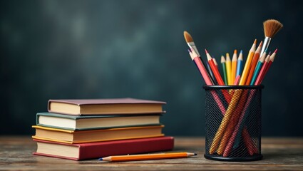 Obraz premium Back to School Still Life: Books, Pencils, and Brushes on a Wooden Desk