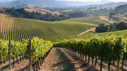 Naklejka premium Lush vineyard landscape with rolling hills under a clear sky, showcasing grape rows