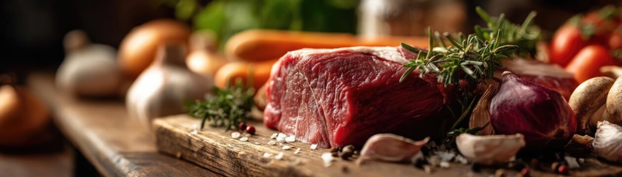 Panorama of fresh pet food featuring fresh beef fodder concept. Fresh raw meat with herbs and vegetables on a wooden board.