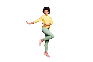Full length photo of funky funny brunette curly hair afro american girl dance fun on fall spring...