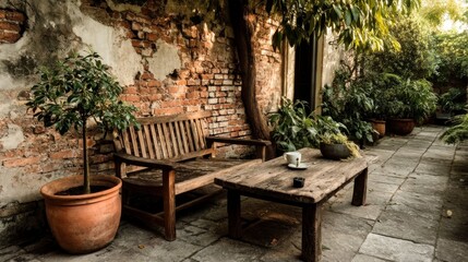 Obraz premium Relaxing Garden Patio with Wooden Bench and Table Setting