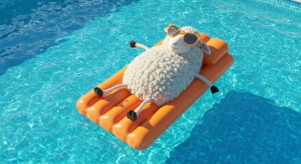 A sheep enjoys relaxation on an inflatable mattress in a swimming pool. The sheep wears sunglasses, adding a touch of whimsy to the serene scene