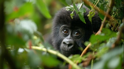 Obraz premium a close up image of a gorilla cub peeking out from behind green leaves.