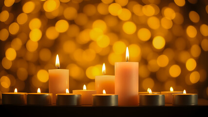 Burning candles on floor in darkness.