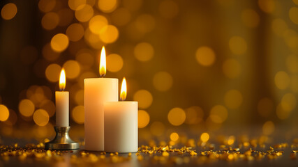 Burning candles on floor in darkness.