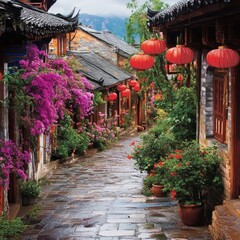 Fototapeta premium Charming Asian Alleyway. Lush gardens, vibrant flowers, and traditional architecture line a narrow, stone-paved street. Red lanterns add a touch of festivity