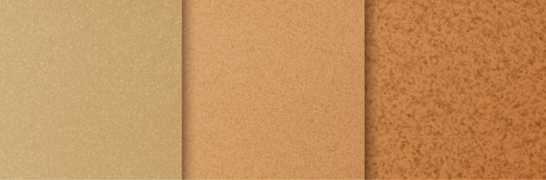 Cork texture background set, seamless pattern tiles. Natural wood surface material swatches in brown colors. Grainy, porous organic structure bulletin board. Eco friendly renewable resource.