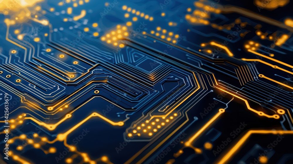 Poster abstract close-up of circuit board with blue and orange patterns