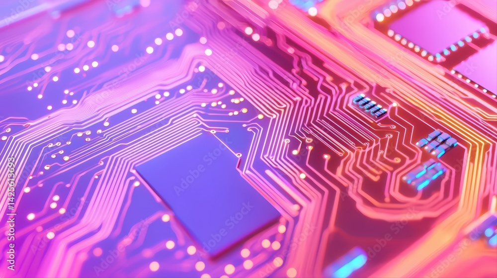 Poster abstract close-up of colorful circuit board with glowing lines and patterns