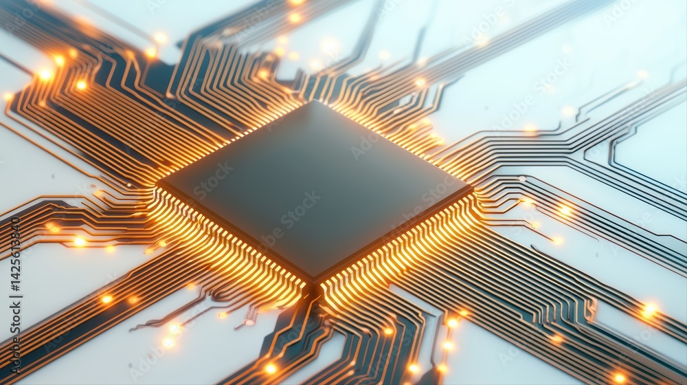 Poster close-up view of a modern computer chip with circuit board design