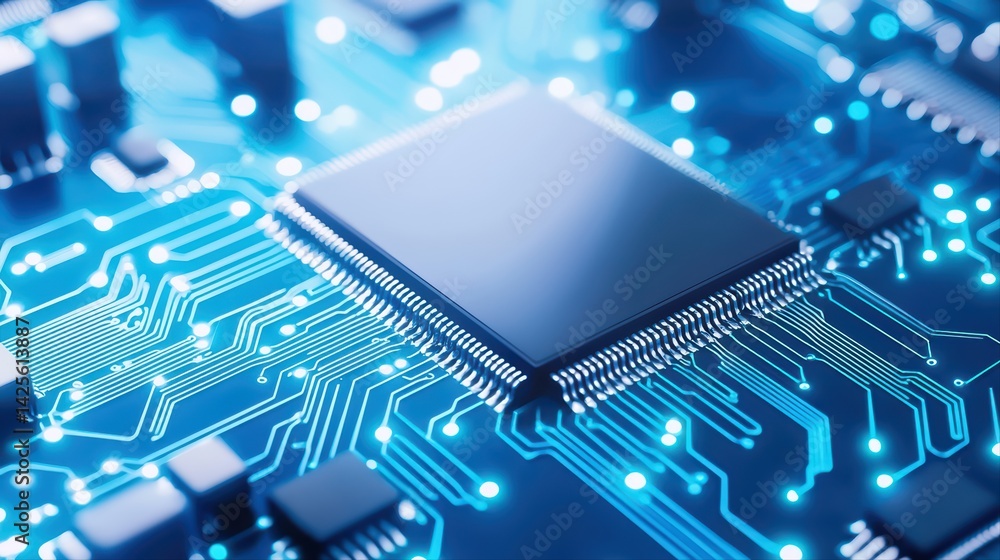 Poster close-up view of computer circuit board with microchip and blue lights
