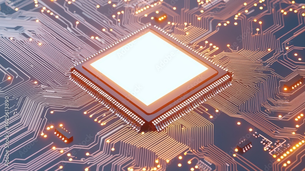 Poster close-up of a microchip on a circuit board with glowing lights