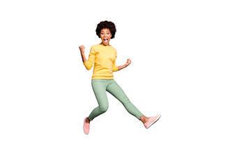 Full size photo of crazy brunette hair mulatto girl hear incredible fall spring lottery victory...