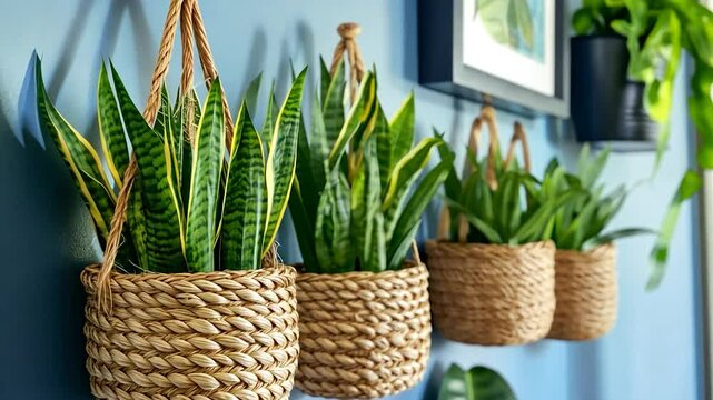 Hanging Plants in Woven Baskets on Blue Wall